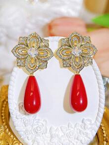 SEQUITO 2件套迪拜设计师女士耳饰，镀金密镶AAA级立方氧化锆花朵水滴绿色耳坠，适合宴会佩戴 - 5.5厘米 - 查看 12