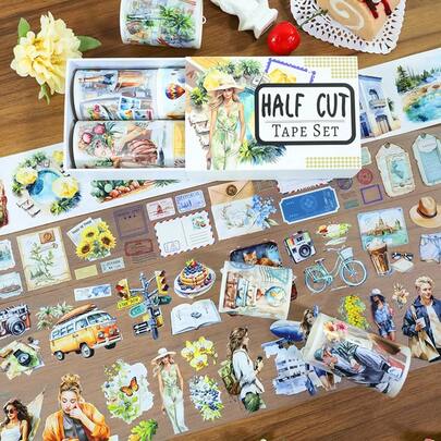 4Pcs/Set Colorful Lady Flower PET Washi Tape Pre-Cut Colorful House Book Decorations Transparent Masking Tape For Stickers Scrapbooking Journal Diary Decoration Journaling Supplies