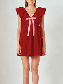 Women's Fashion Bow Front Party Dress, Solid Color Flying Sleeve Deep V-Neck Short A-Line Dress - Đỏ - Xem 4