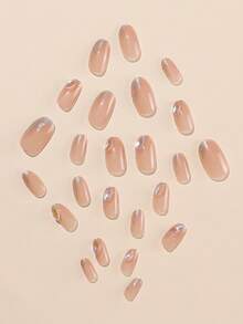 24片椭圆形美甲贴片，裸色底，饰有全息闪粉水钻，甜美风格美甲套装，适合女孩/女士约会、送礼、情人节、日常佩戴，包含1片果冻胶和1个指甲锉。 - 杏色 - 查看 6