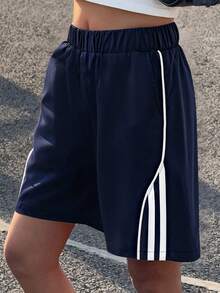1件女童青少年運動休閒百搭夏季輕量透氣時尚條紋拼接百慕大短褲 - 藏蓝色 - 查看 3