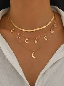 1件装多层星月新月吊坠项链，创意叠层链项链，优雅时尚金色 - 金黃色 - 查看 4