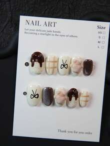 10pcs Handmade Almond-Shaped Nail Art Stickers, Acrylic Nail Decals With 3D Bear, Butterfly, Asymmetrical Line Designs, Suitable For Women & Girls, Party, Wedding, Daily Wear, DIY Manicure, Includes Tool Kit. Handmade Nail Stickers. False Nails. Nail Art Supplies - Chocolate Brown - View 1