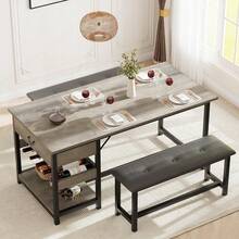 Set de Mesa de Comedor para 4 con 2 Banquetas Tapizadas, Cajón de Almacenamiento y Estante para Vino, Mesa de Comedor de Cocina Ahorradora de Espacio - Gris - Ver 1