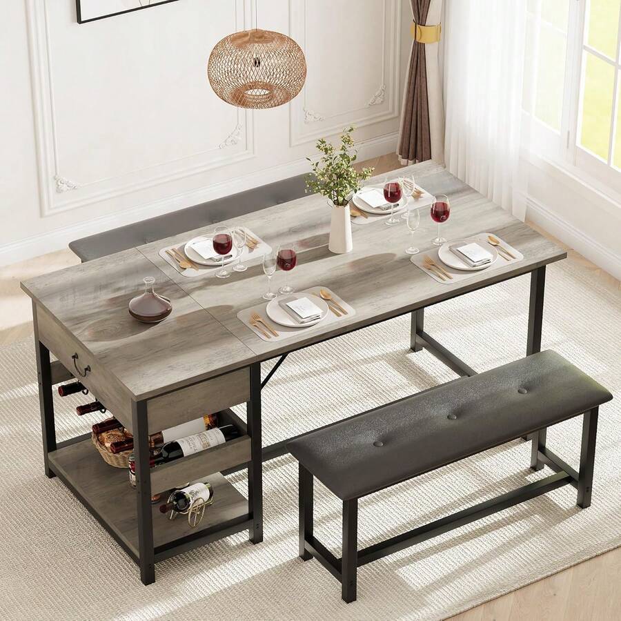 Set de Mesa de Comedor para 4 con 2 Banquetas Tapizadas, Cajón de Almacenamiento y Estante para Vino, Mesa de Comedor de Cocina Ahorradora de Espacio - Gris - Ver 1