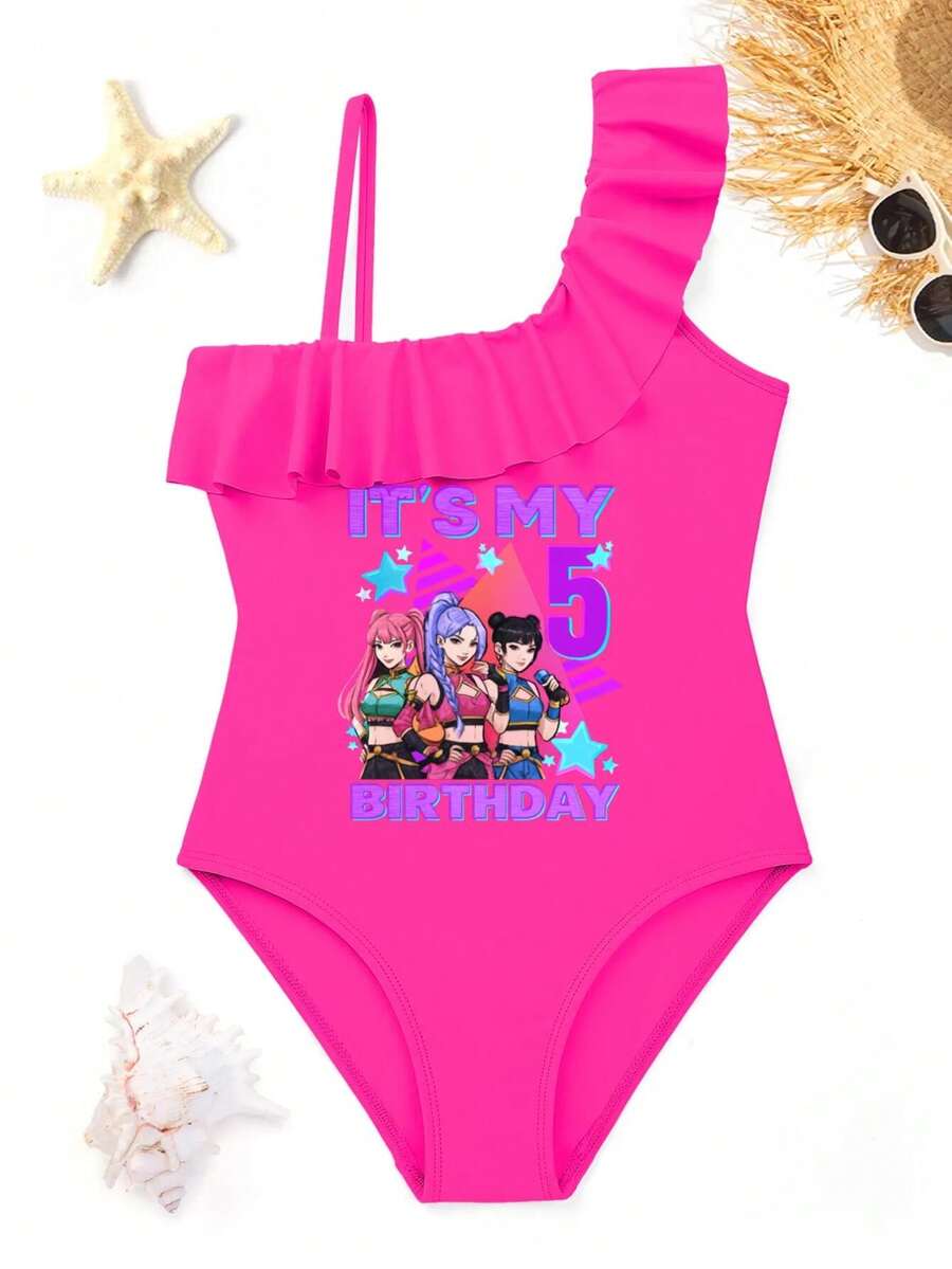 1 Piece New Spring Girls Cute Ruffle One Piece Swimsuit Magical Fantasy Print Quick Dry Breathable High Elastic Fabric Waterproof Soft Pool Beach Water Park Vacation Swimwear Birthday Holiday Gift - Màu Hồng Tươi - Xem 1