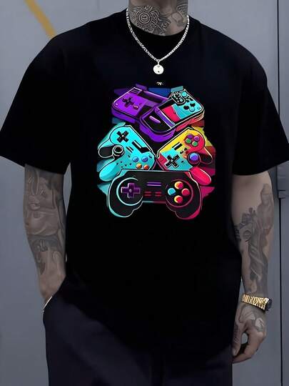 Mandos de videojuegos retro y modernos en vibrantes coles que simbolizan la pasión p el gaming y la unión de generaciones camia de hombre 100%  220gCamiseta deportiva suave de algodón Top de cuello redondo con ajuste atlético Cómoda para correr entrenar ropa callejera y atuendos casuales de todos los días