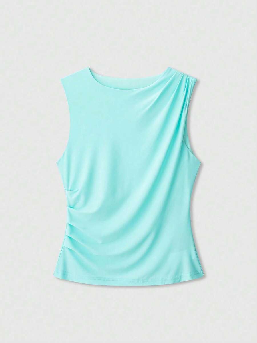 Áo hai dây xếp ly màu trơn, kiểu dáng thường ngày, thích hợp cho mùa hè. - Màu xanh nhạt - Xem 1