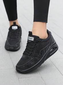 女士柔软缓震减震纯色圆头系带跑步鞋，透气四季休闲运动鞋，百搭学院风男女通用运动鞋 - 黑色 - 查看 2