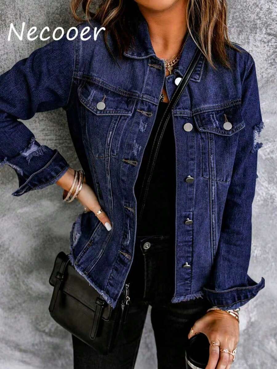 Necooer Women's Denim Jacket Old Style Washable Button Up Boyfriend Denim Jacket With Pocket Jacket Jacket [Four Season Version] - 深藍色 - 查看 1