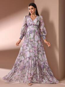 优雅女士长款碎花A字连衣裙，V领荷叶边下摆，喇叭袖，适合春夏度假等场合。 - 彩色 - 查看 7