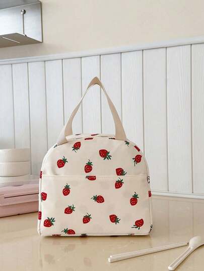 Portable Lunch Bag; Thermal Lunch Box; Bento Bag; Dinner Thermal Bag; Thickened Cute Lunch Fruit Bag For Students; Asymmetrical Strawberry Print Lunch Bag For Girls, Insulated Lunch Bag; Student Lunch Box.