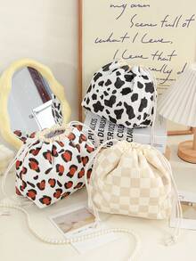 Stylish Drawstring Cosmetics Bag Leopard Print Makeup Bag Large Capacity Cosmetics Pouch Corduroy Make Up Bag Minimalist Grid Pattern Makeup Drawstring Pouch Women's Travel Cosmetics Bag Travel Toiletry Bag Fashionable Toiletries Bag Cosmetic Bag Makeup Pouch Wash Bag Makeup Storage Durable Mothers Day Gift Holiday Essentials Mother Gifts - Multicolor - View 3