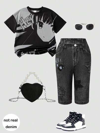 2pcs Girls Casual Outgoing Fashion Random Print Decor Drop Shoulder Short Sleeve Top & Elastic Waist Shorts Set, Summer