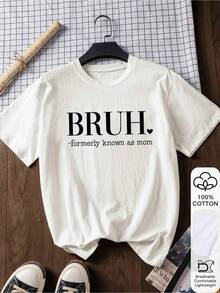 Summer Women Loose T-Shirt BRUH Letter Print Pure White Short-Sleeved Pattern T-Shirt Chinese New Year Lunar New Year Year Of The Horse Spring Festival Happy New Year Valentine's Day Valentine's Day Gift - 白色 - 查看 1
