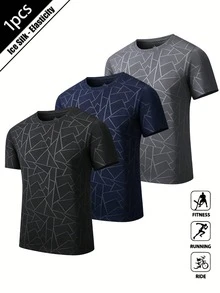 男士运动T恤，圆领，轻薄，休闲，速干运动上衣，夏季黑色 - 黑色 - 查看 1