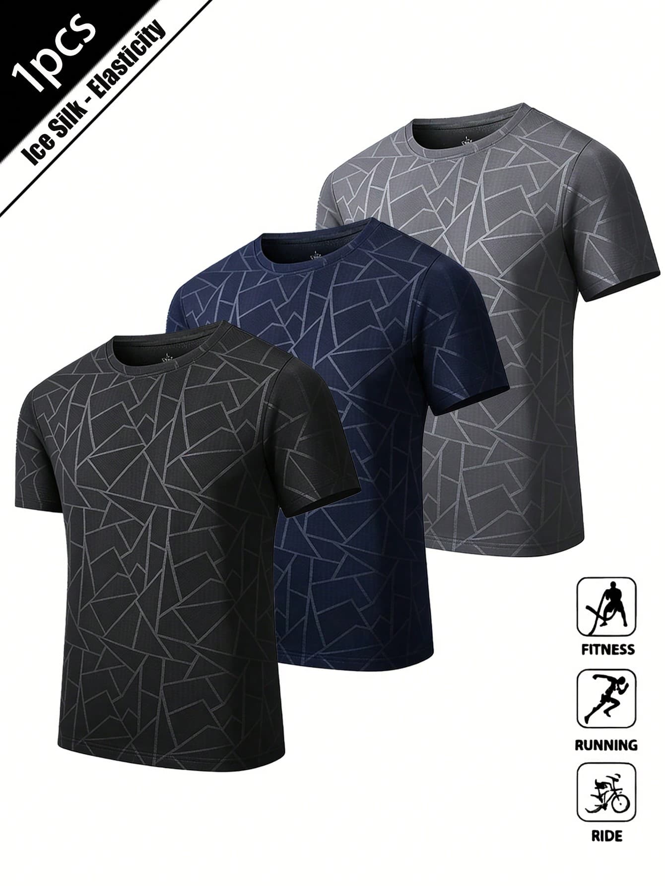 男士运动T恤，圆领，轻薄，休闲，速干运动上衣，夏季黑色 - 黑色 - 查看 1