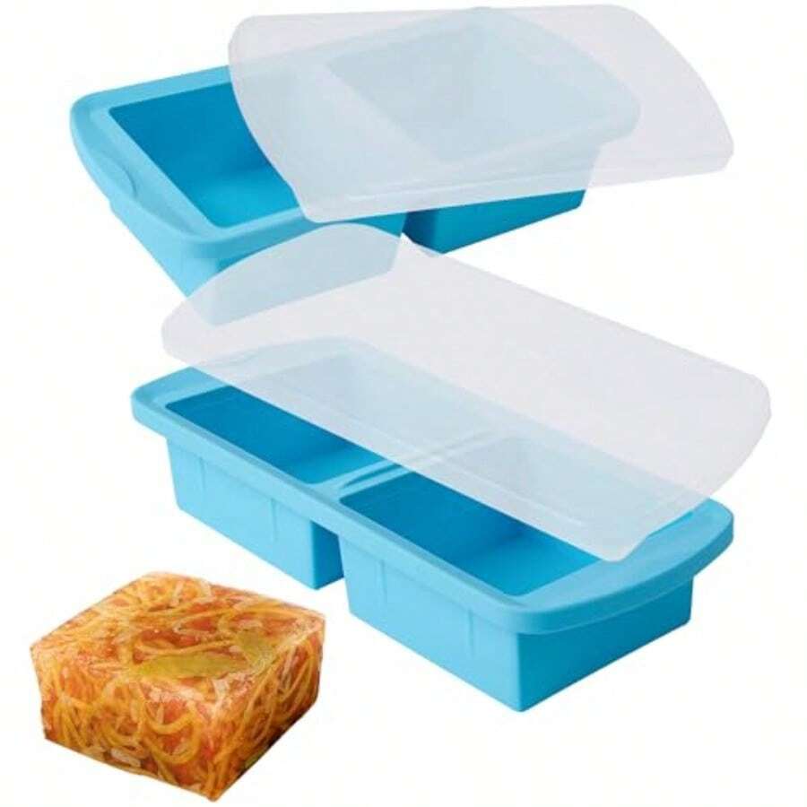 Silicone Freezer Tray With Lid 2 Pack Large Ice Cube Tray Makes 4  2 Cup Portions  Meal Prep Containers Oven Dishwasher - Màu xanh lam - Xem 1