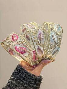 1pc Countryside Style Embroidered Leaf Wide Headband, Sweet & Versatile Mesh Breathable Hairband For Teens, Daily Use