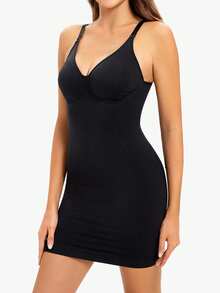 女士塑身连衣裙 全罩式吊带收腹塑形衣 V领可调节细肩带 - 黑色 - 查看 1