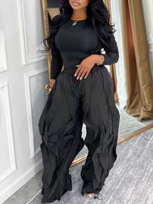 GLOURI Women's Ruffled Wide-Leg Pants - Elastic Waist With Drawstring & Voluminous Layered Detail | Relaxed Bold Fit For Daily Outings, Weekend Hangouts & Casual Street Styling ( Silhouette & Comfortable Wear) For Effortlessly Chic Looks - 黑色 - 查看 3