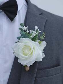 1件/2件/6件装奢华玫瑰绣球花人造花胸花和腕带，适合新郎、新娘、伴娘、婚礼、舞会、派对、正式场合 - 白色 - 查看 4