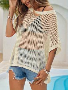 Womens Crochet Sweater Tops Batwing Short Sleeve Oversized Boat Neck Boho Knit Summer Beach Cover Ups - Be - Xem 6