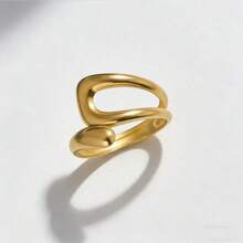 COINBUFF 1pc Minimalist Teardrop Line Stainless Steel Plated Gold Adjustable Non-Fading Ring, Everyday Wear & Holiday Gift For Women - As Shown - View 1