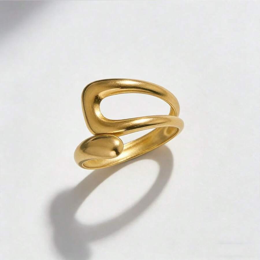 COINBUFF 1pc Minimalist Teardrop Line Stainless Steel Plated Gold Adjustable Non-Fading Ring, Everyday Wear & Holiday Gift For Women - As Shown - View 1