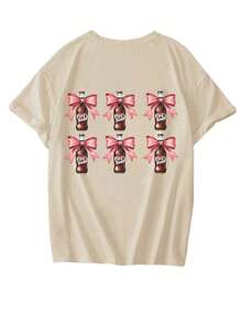 Camiseta feminina de verão com laço e estampa, gola redonda, manga curta, rosa, casual, moderna e versátil. - Damasco - Ver 3