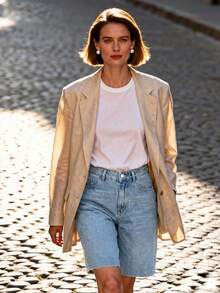 女士宽松休闲度假牛仔短裤，夏季 - 淺色水洗藍 - 查看 2