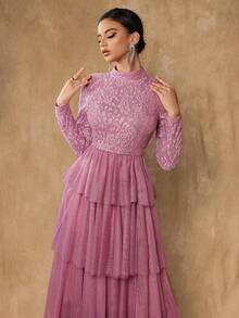 Women's Long Party Dress, Layered Mesh Skirt, Contrast Lace Collar Long Sleeve Top, Elegant A-Line Dress - Pink - View 2