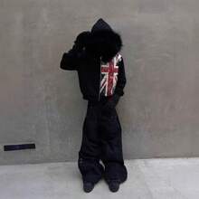 European And American Hooded Cardigan Sweater Black Hairy Hat Loose Hoodie Men And Women Can Wear Tops - 黑色 - 查看 4