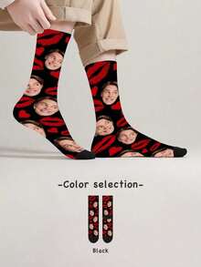 1 Pair Customized Text & Graphic Print Funny Couple Socks, Can Customize Photos And Names, Personalized Couple Socks Suitable For Valentine's Day, Birthday, Christmas And Other Occasions - Black - View 2