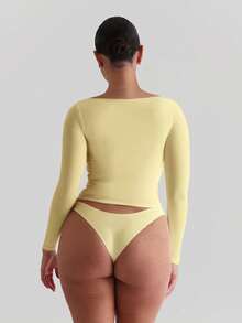 XLLAIS 1件女士休闲长袖上衣，性感高弹双层纯色圆领T恤，春季 - 查看 6