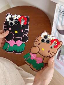 SANRIO Ốp lưng điện thoại silicon hình mèo KT giả lông thú 3D màu đen dễ thương, bảo vệ toàn diện, mềm mại, tương thích với iPhone 17/16 Pro Max, 14 Pro/13 Pro, 12/11 PM/15 Plus - màu nâu - Xem 3