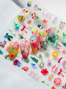 1 Sheet Fresh & Sweet Spring Vibe Nail Art Stickers, Featuring Pearlescent Iridescent Design With Floral Bouquet, Fruits (Peach, Grapefruit), Bow, Mini Bottle, Teacup, Puppy, Camera & Other Daily Items, Creating A Lovely Lifestyle Atmosphere, Suitable For Personal DIY And Nail Decoration - Multicolor - View 11