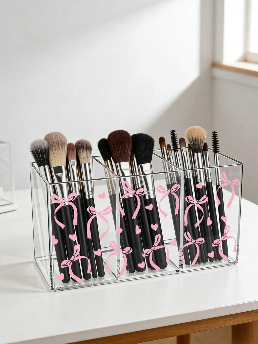Pink Bow Acrylic Makeup Brush Holder, Makeup Brush Organizer, Bathroom Vanity Countertop Storage For Brushes, Pencils, Lipsticks , Suitable For Kitchen, Bedroom, Living Room, Bathroom, Great Gift For Family And Friends, Can Be Used As Cosmetic Bag, Makeup Storage Box, Toiletry Bag, Desktop Organizer - Multicolor - View 1