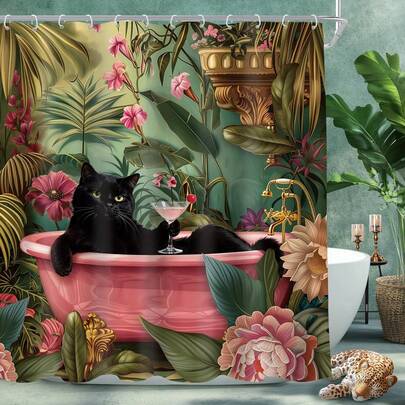 Funny Black Cat Shower Curtain, Hot Pink Peony Floral Flower Cute Animal In Bathtub Retro Jungle Tropical Leaves Plant Bathroom Curtain Set Vintage Bath Bathroom Accessories Decor,Perfect For Home, Hotel, Vacation, Gift