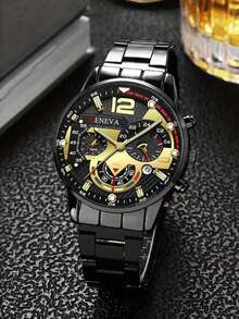 奢华男士石英表，经典商务男士腕表，大表盘，合金钢表带，蓝光三表盘男士石英表，附赠男士表链，不锈钢手工皮革嘻哈表链