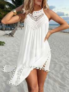 ChicMe 女士钩针编织露背系带短裙，侧开衩镂空露背毛球装饰半透明沙滩罩衫，适合度假休闲穿着 - 白色 - 查看 3