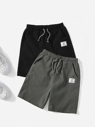 男童舒适休闲字母刺绣短裤（每种颜色各一条），适合学校、校园、大学穿着。