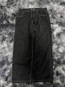 [¡Imperdible!​ ]Jeans de Declaración Gris Negro, Estilo Urbano Oscuro para Hombre. Estampado de Letras, Corte  Holgado - Un Básico de Herencia Urbana con Diseño Exclusivo - negro - Ver 4