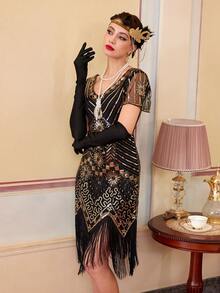 1920s Style Women's Dress, Fringe Sequin Cocktail Gown With Pearl Embellished Sheer Sleeves - Gold - View 6