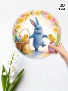 1pc Easter Theme, Blue Bunny, Chick, Glitter Painted Eggs, Daffodil/Pink Flower Wreath, Watercolor Style, Round Composition, Decorative Hanging Sign, 2D Flat Print, Wooden Decor. For Scene Decoration, Hanging Display, Restaurant, Bar, Storefront, Cafe - Multicolor - View 8