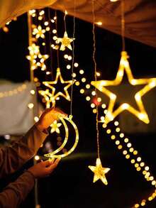 Einstellbare Mond & Stern LED Vorhanglichter - Warme/bunte Lichterkette, Märchenstil, geeignet für Weihnachten, Valentinstag, Hochzeit, Ramadan, Gartendekoration - Warmes Licht - Übersicht 9