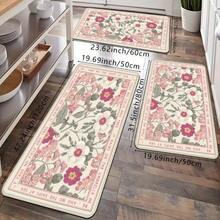 1/2/3pcs HUAJI Luxury Soft Pink/Beige/ Floral Non-Slip Mat - Heavy-Duty Rectangular Mat, High-Density Mat, Bathroom, Hallway - Machine Washable, Pink Tulip & Green Leaf Pattern (Easy Clean) - 17x24+17x47吋(2件) - 查看 10