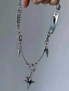 1 chiếc vòng cổ hình trái tim và ngôi sao bằng kim loại phong cách Gothic Punk Y2K, kiểu dáng tối màu, hình học, mạ hợp kim kẽm, dành cho nữ. - Bạc - Xem 2