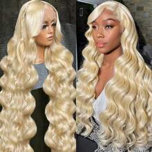 13x4HD蕾丝闭合假发，真人混纺发丝，34英寸 - 免胶水波纹蕾丝前假发，预拔发际线和预剪蕾丝 | 无需胶水，3秒即可佩戴，新手友好，613号，即戴即用 - S/613 - 查看 5