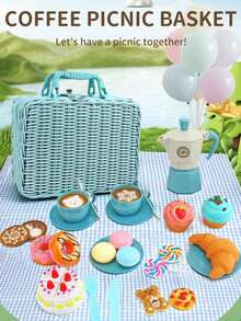Realistic Picnic Basket Game Set, Includes Coffee Pot And Snacks - Great Gift For Young People's Birthday Or Holiday